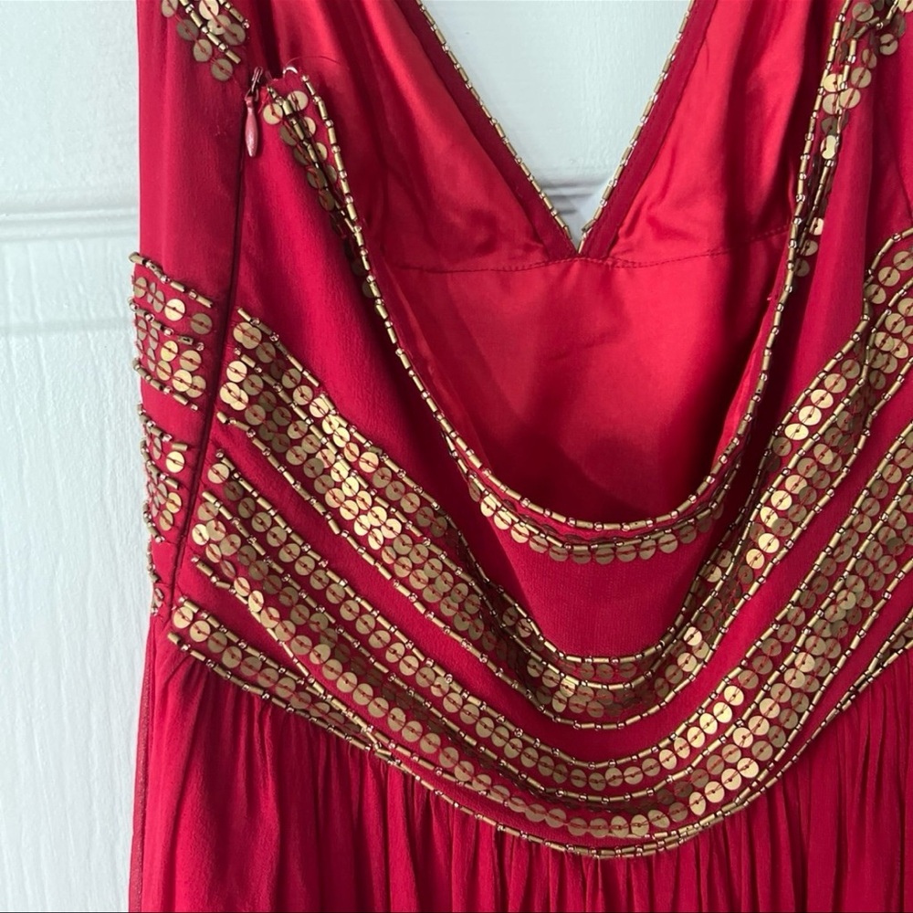 Adrianna Papell MAXI Red Evening Dress with Gold Details - Picture 4 of 13